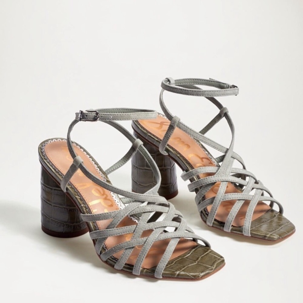 New Sam Edelman Daffodil Sandals in Seafoam Mineral Green Croc Embossed Leather